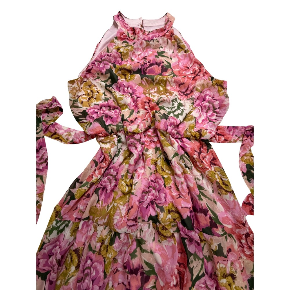 DR Collection Donna Ricco Pink Floral Halter Maxi Dress Tiered Ruffle Size 16